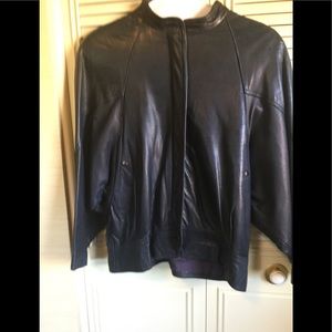 Navy Blue Leather Bomber Jacket Dolman Sleeve (10)